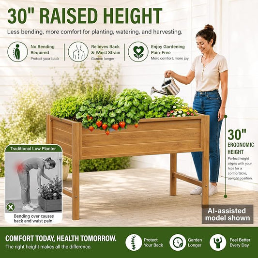 YEFU 48" Raised Garden Bed with Legs, HIPS Outdoor Garden Bed, Teak | Raised Garden Bed with Legs for Patios & Decks, 30" Height, Wood-Look HIPS, Drainage, 385 lbs Support for Vegetables & Herbs