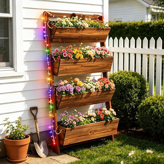 4-Tier Wooden Garden Raised Bed with 11-Mode LED Lights and Timer | 51"H Vertical Wall-Leaning Planter with Tilt-Out Boxes& Drainage Holes for Vegetables Herbs Flowers Patio