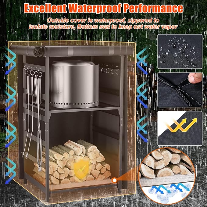 Hisencn Fire Pit Storage Station 4.5 ft for Solo Stove and Other Fire Pits, Outdoor Firewood Rack with Waterproof Cover, Adjustable Shelf Wood Storage Cabinet for Logs and Fire Pit Accessories