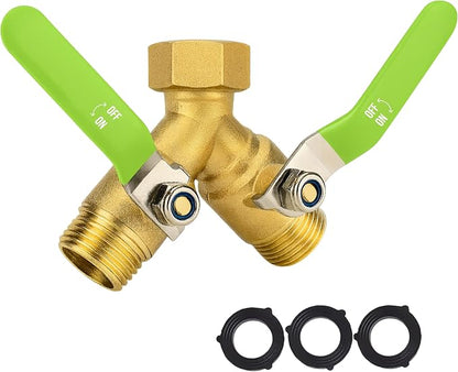 2-Way Hose Splitter – Heavy Duty Brass Y Connector with Stainless Steel Rubbered Handle, 3/4” GHT Thread – Full Flow Garden Hose Splitter for Outdoor Faucets