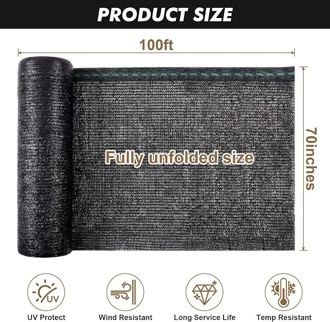 Artpuch 50% Black Garden Shade Cloth Roll for Plants, Sun Shade Cover Fabric Roll with UV Block Shades Netting Mesh Privacy Fence Screen for Greenhouse, Backyard, Patio, 5'10" x 100 FT
