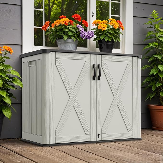 Greesum Outdoor Storage Cabinet, 26 CUFT Deck Box Without Shelves, Waterproof Plastic Storage Shed for Patio Cushions, Gardening Tools, Lockable and Sidehandles, UV Resistant, Beige