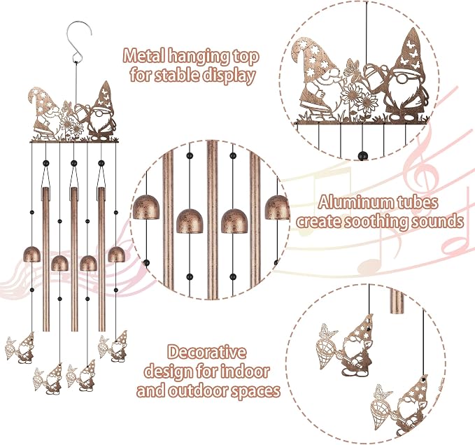 Gnome Wind Chimes for Outside, Garden Metal Windchimes with Cute Gnome Design for Patio Porch Yard Decor, Outdoor Gifts for Garden Lovers Women Men