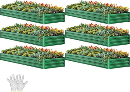 YITAHOME 6pcs 12x4x1 ft Galvanized Raised Garden Bed Kit, Large Metal Planter Box with Gloves, Safety Rubber & Support Rod, Outdoor Flower Bed for Plants Vegetables, Black