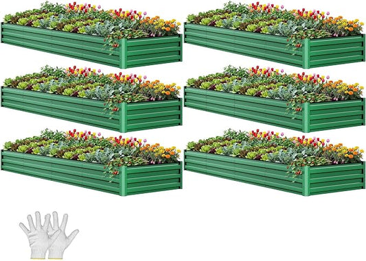 YITAHOME 6pcs 12x4x1 ft Galvanized Raised Garden Bed Kit, Large Metal Planter Box with Gloves, Safety Rubber & Support Rod, Outdoor Flower Bed for Plants Vegetables, Black