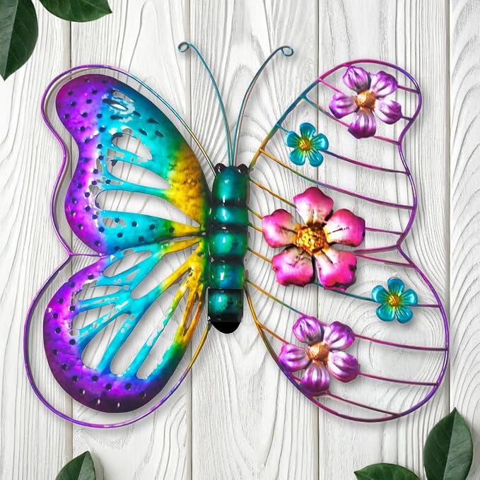Metal Flower Butterfly Wall Decor Outdoor Indoor Wall Art Sculpture 13" Hanging Waterproof Garden Decorations Home Decorative Ornaments for Yard Fence Patio Balcony Bedroom Living Room Gift
