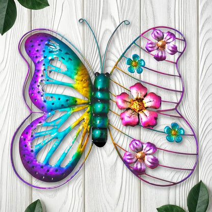 Metal Flower Butterfly Wall Decor Outdoor Indoor Wall Art Sculpture 13" Hanging Waterproof Garden Decorations Home Decorative Ornaments for Yard Fence Patio Balcony Bedroom Living Room Gift