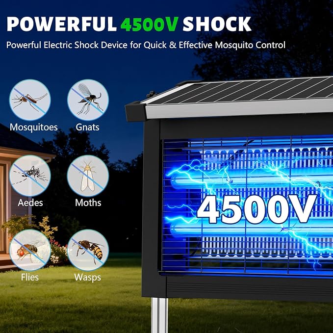 Solar Bug Zapper Outdoor Waterproof, Rechargeable Mosquito Zapper with Solar Panel Sensor, Auto ON/Off, 10ft Extension Cord & Solar Powered Bug Zapper, Cordless Insect Zap for Patio Yard Garden