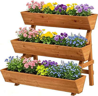 3-Tier Vertical Wooden Raised Garden Bed, Freestanding Garden Planter Box, Wood Flower Rack, Planter Box for Herbs, Vegetables, Outdoor Indoor Use, Large-Brown