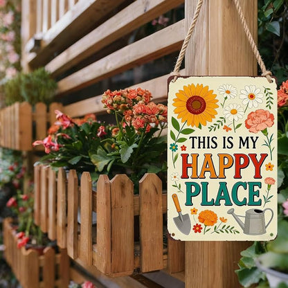 PEACHGARDEN Garden Signs This Is My Happy Place for Woman Gifts Garden Wall Decor Metal Tin Sign for Patio Yard She Shed Cabin 8x12 inch