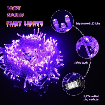 300 Led Purple Outdoor String Lights, 108 Ft Halloween Decor with 8 Modes, Waterproof Plug in Fairy Lights for Bedroom Yard Wedding Room Decor