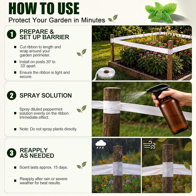 Deer Fence, Deer Tape and Deers Repellent for Plants, 300Ft Deers Ribbon with 100ml Natural Peppermint Spray Concentrate, Dual Action Visual & Scent Garden Barrier for Yard, Orchard, Vegetables