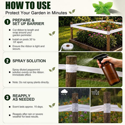 Deer Fence, Deer Tape and Deers Repellent for Plants, 300Ft Deers Ribbon with 100ml Natural Peppermint Spray Concentrate, Dual Action Visual & Scent Garden Barrier for Yard, Orchard, Vegetables