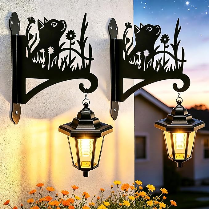 VOOKRY Solar Wall Lanterns Outdoor, Waterproof 2 Pack Hanging Lights with Cat Hooks, Wall Mount Sconce with 3 Solar Panels for Patio Porch Yard Garden Decor, Dusk to Dawn 2700K Warm White