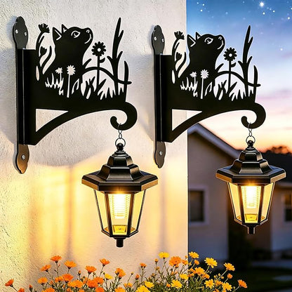 VOOKRY Solar Wall Lanterns Outdoor, Waterproof 2 Pack Hanging Lights with Cat Hooks, Wall Mount Sconce with 3 Solar Panels for Patio Porch Yard Garden Decor, Dusk to Dawn 2700K Warm White