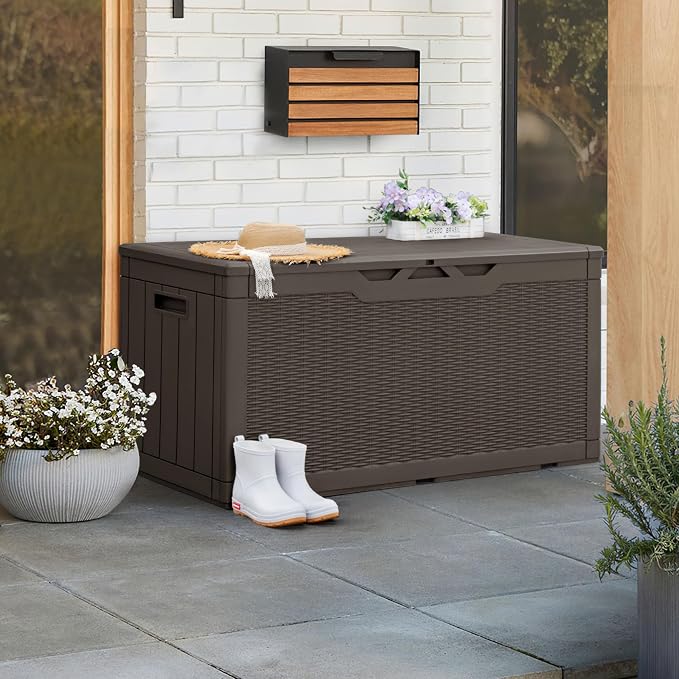 Greesum 100 Gallon Resin Patio Storage Box for Garden Tools, Outdoor Furniture Cushions, Pool Supplies, Dark Brown