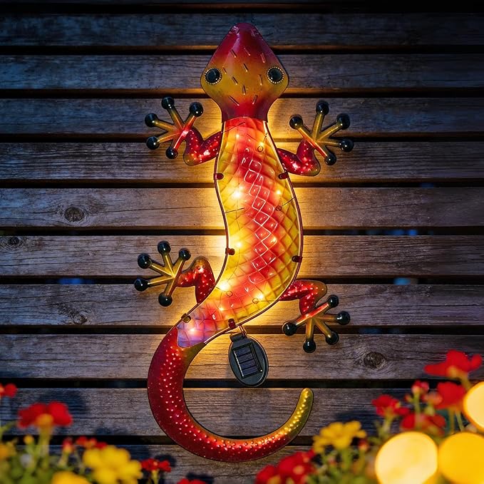 HONGLAND Solar Lizard Wall Decor-30 Inch 3D Gecko Metal Wall Art Outdoor Hanging Glass Sculpture, Yard Decorations Outdoor for Garden Fence