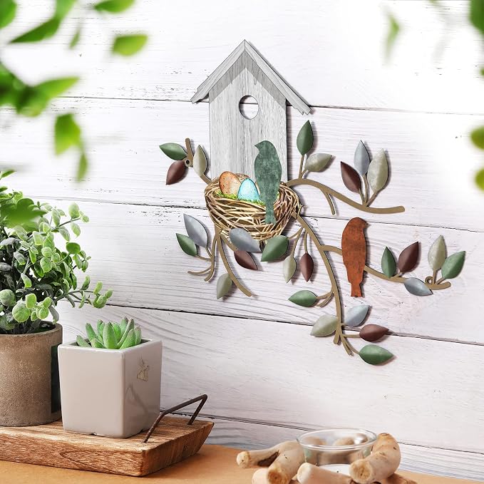 Peryiter Birds Wall Metal Decor Outdoor Art Hanging Metal Tree with Birdhouse for Living Room Tree Leaf Wall Decor for Indoor Outdoor Garden(White)