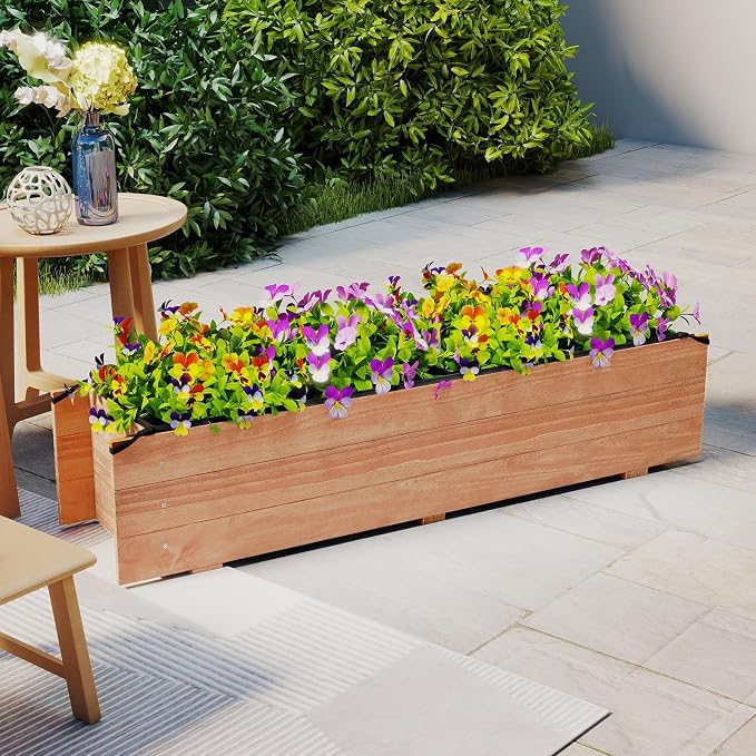 HAPPYGRILL Raised Garden Bed, Wood Flower Planter Box w/4 Drainage Holes, Black Liner for Containing Soil, Indoor Outdoor Wooden Plant Container for Backyard, Patio, Balcony (1,44" x 11" x 10")