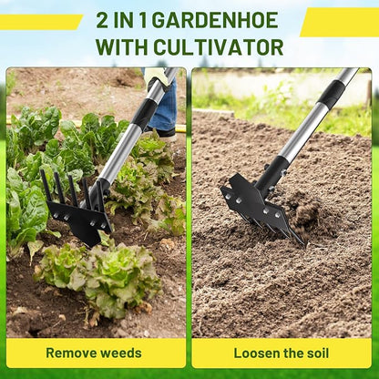 2-in-1 Heavy-Duty Weed Puller Tool with 5-Tine Rake – 30" to 60" Adjustable Handle, Hoes for Gardening, Hoe Garden Tools for Loosening Soil, Planting, Weeding