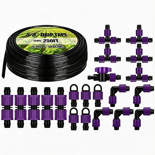 Tondiamo 250' 5/8 Inch Drip Tape Irrigation Tubing Kit 16 Mil 6" Spacing Garden Hose Watering Tube Line Automatic Equipment for Garden Irrigation System Farms, Landscape, Lawn