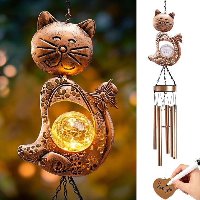 Nacome Cat Wind Chimes Outdoor Indoor: Weatherproof Metal Outdoor Decor Easy Hanging for Garden Patio Tree Window - Melodious Mother's Day Birthday Gifts for Mom Women Mom Grandma Her Wife