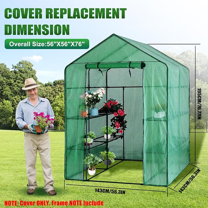 Walk-in Greenhouse Replacement Cover with Roll-Up Zipper Door, 56×56×76 inch PE Greenhouse Cover Protect Outdoor Gardening Plants from Cold Frost，Waterproof and UV Resistant(Frame Not Include)