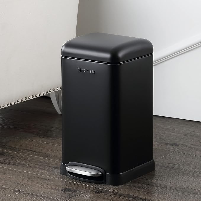 happimess HPM1012B Betty Retro Mini 3.2-Gallon Step-Open Trash Can with Soft-Close Lid, Modern, Minimalistic, Fingerprint Proof for Home, Kitchen, Laundry Room, Office, Bedroom, Bathroom, Black