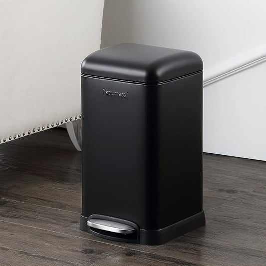 happimess HPM1012B Betty Retro Mini 3.2-Gallon Step-Open Trash Can with Soft-Close Lid, Modern, Minimalistic, Fingerprint Proof for Home, Kitchen, Laundry Room, Office, Bedroom, Bathroom, Black