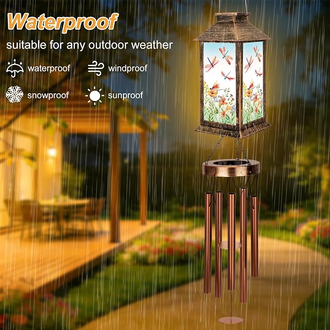 YHmall Wind Chimes for Outside, 37" Windchimes Outdoors Birthday Memorial Dragonfly Gifts for Women Mom Grandma, Hanging Solar Lantern Outdoor for Home Patio Yard Garden Decor