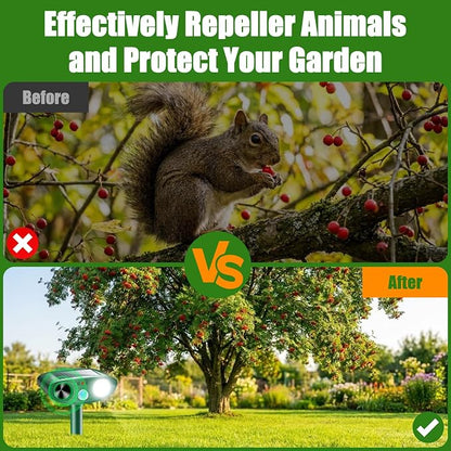 2026 Upgraded Ultrasonic Solar Animal Repellent Outdoor, Deer Repellent Devices Squirrel Cat Raccoon Rabbit Dog Deterrent with Motion Sensor Flash Light for Yard Garden Lawn