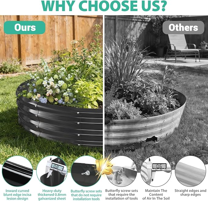 12 Inch Tall 72 Inch Diameter Round Black Raised Garden Bed Kits Outdoor | 1 FT Tall,6 FT Planter Bed for Flowers,Herbs,Vegetables,Trees,0.8MM Thick Galvanized Metal Painted,with Gloves,Tool free