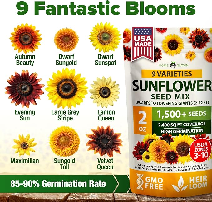 HOME GROWN Sunflower Seeds Mix Pack 1,500+ 9 Colorful Varieties of Sun Flower Seeds to Plant - 2-10ft Tall Plants, Pollinator Friendly, Easy to Grow, High Germination