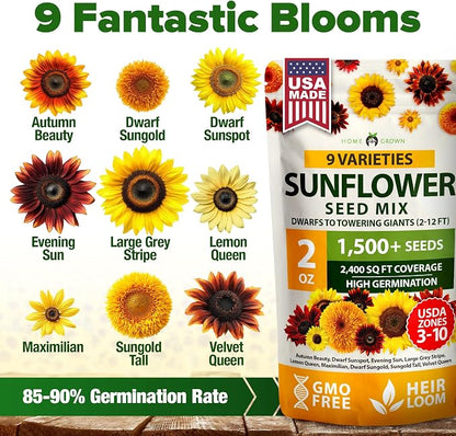 HOME GROWN Sunflower Seeds Mix Pack 1,500+ 9 Colorful Varieties of Sun Flower Seeds to Plant - 2-10ft Tall Plants, Pollinator Friendly, Easy to Grow, High Germination