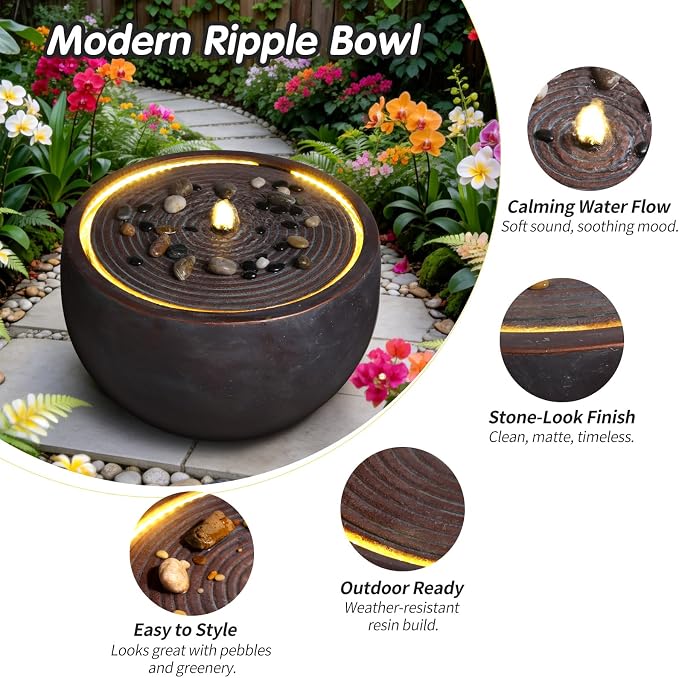 12.2" Outdoor Water Fountain, Modern Round Bowl Ripple Design, Outdoor Freestanding Water Fountain with LED Lights and Pump, Garden Water Feature, Polyresin Stone Finish, Pink Purple