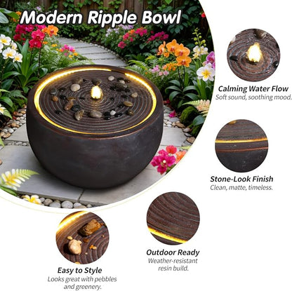 12.2" Outdoor Water Fountain, Modern Round Bowl Ripple Design, Outdoor Freestanding Water Fountain with LED Lights and Pump, Garden Water Feature, Polyresin Stone Finish, Pink Purple