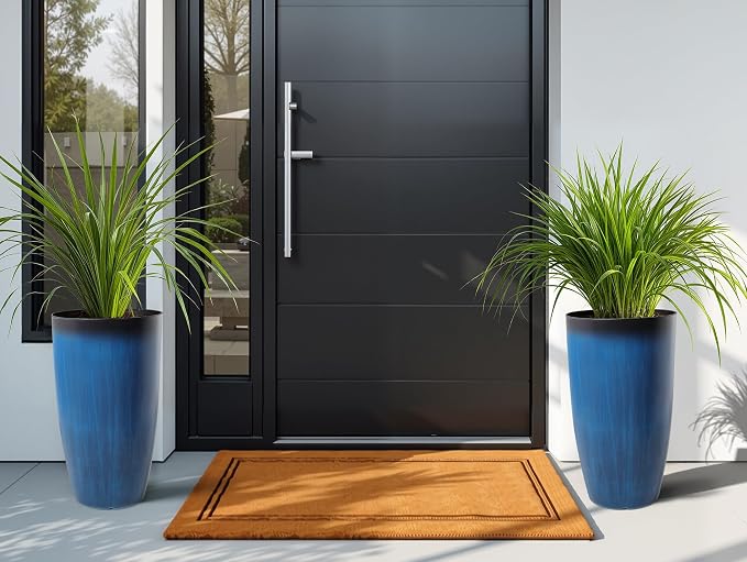 2-Pack 23.75" Cobalt Blue Round Tall Planters with Drainage Holes | Set of 2 PP tall planters with cobalt glaze look, drainage plugs, and UV-treated finish for porch, patio, or entryway