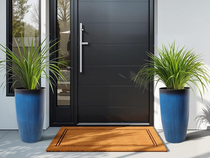2-Pack 23.75" Cobalt Blue Round Tall Planters with Drainage Holes | Set of 2 PP tall planters with cobalt glaze look, drainage plugs, and UV-treated finish for porch, patio, or entryway