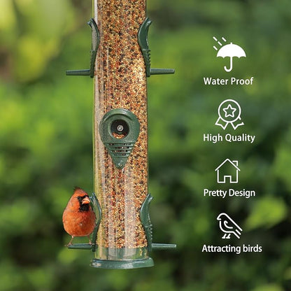 MIXXIDEA 2PK Metal Bird Feeders with 6 Feeding Ports,Tube Bird Feeder with Steel Hanger,Wild Bird Feeder for Outdoors Hanging, Attracting Birds in Your Lawn, Garden, Balcony (Green)