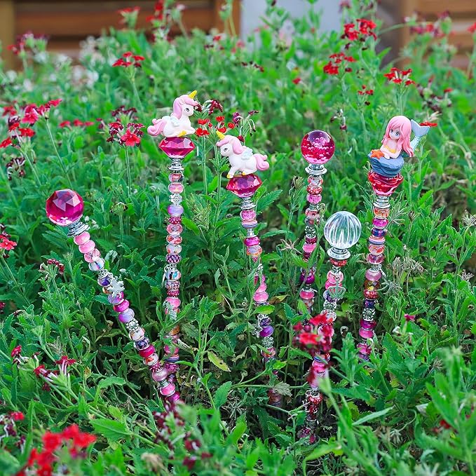 AIPRIDY DIY Crystal Beaded Fairy Wand Garden Stakes Kit, Colorful Decorative Wands with Assembly Guide, 12 or 10 Inch Threaded Rods,Outdoor Garden Decoration Set (158, Rose Red+Hybrid Top)