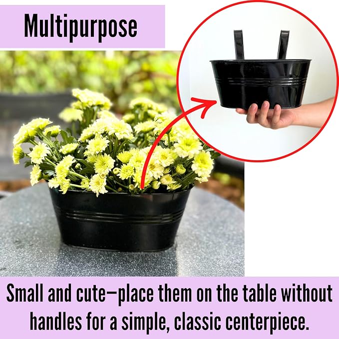 LaLaGreen Outdoor Rail Planter (8 Pack, 9.8 Inch) Small and Cute Black Metal Iron Hanging Flower Pots Deck Railings Fence Buckets Countryside Style Wall Mount Window Box Plant Holder Hooks Porch Decor