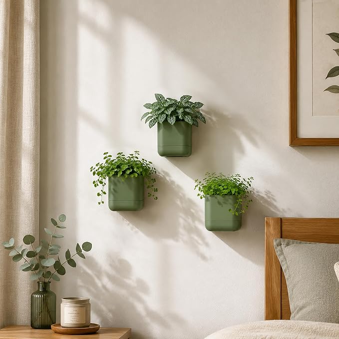 Phoenix Vine 3.5 Inch Wall Mounted Self-Watering Planter Pot for Indoor Houseplants and Herbs | Hanging Planter for Window Sills, Bathroom Walls, Home & Office Décor, Olive, Set of 4, 01-A-F-4