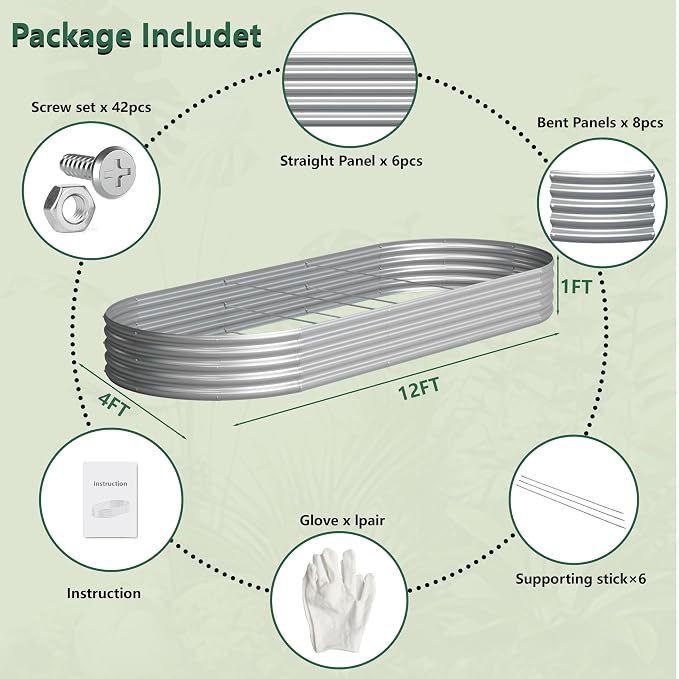 Galvanized Raised Garden Bed Outdoor, 12x4x1ft(2Pack) Metal Heavy Duty Planter Boxes for Gardening, Easy Assemble Bottomless Small Oval Plant Container Kit for Vegetable, Flower, Fruit, Silver