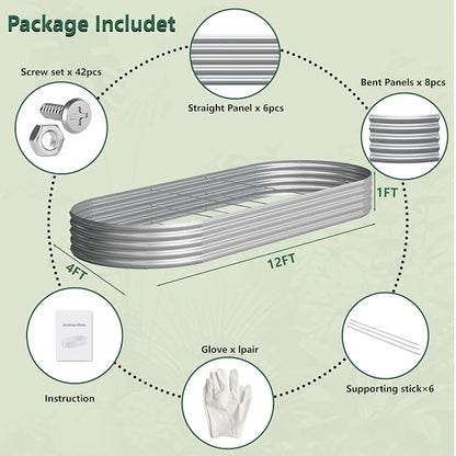 Galvanized Raised Garden Bed Outdoor, 12x4x1ft(2Pack) Metal Heavy Duty Planter Boxes for Gardening, Easy Assemble Bottomless Small Oval Plant Container Kit for Vegetable, Flower, Fruit, Silver