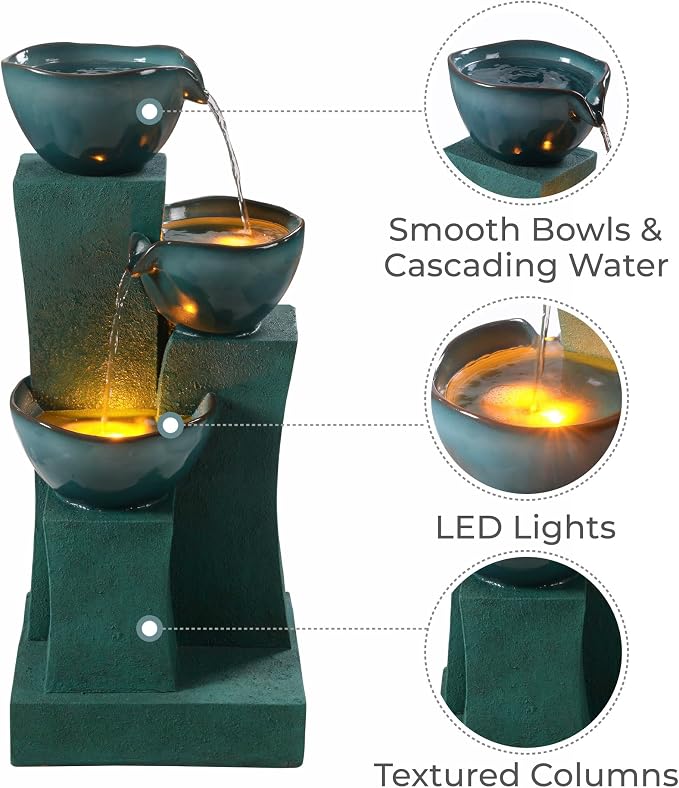 Teamson Home 28.54 in. 3-Tier Cascading Outdoor Water Fountain, Green | LED Lights, For Gardens, For Landscaping, For Patios, For Balconies