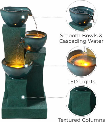 Teamson Home 28.54 in. 3-Tier Cascading Outdoor Water Fountain, Green | LED Lights, For Gardens, For Landscaping, For Patios, For Balconies