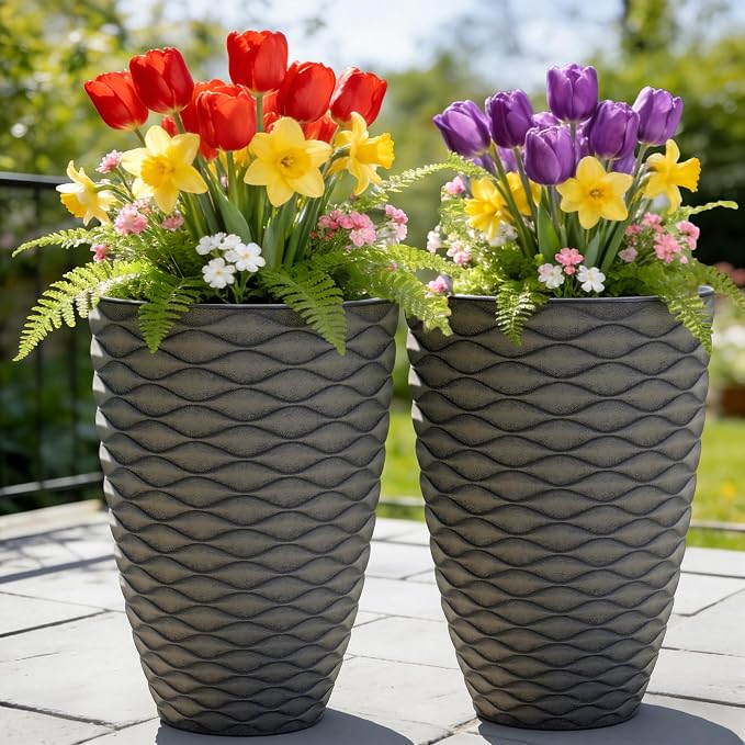 2-Pack 19" Rustic Black Resin Tall Planters with Wave Texture | Set of 2 resin tall planters with rustic black wave texture, drainage plugs, and UV-resistant finish for porch or patio