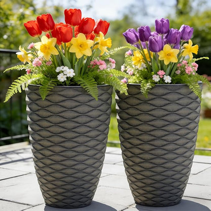 2-Pack 19" Rustic Black Resin Tall Planters with Wave Texture | Set of 2 resin tall planters with rustic black wave texture, drainage plugs, and UV-resistant finish for porch or patio