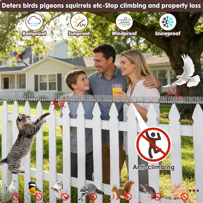 Bird spikes deterrent for outside Stainless Steel 360°Bend 100cm with Accessories, Anti Climb Spikes to Keep Birds- Pigeon-Racoon-Squirrel-Cat Away from porch baffle feeder yard patio garden Fence
