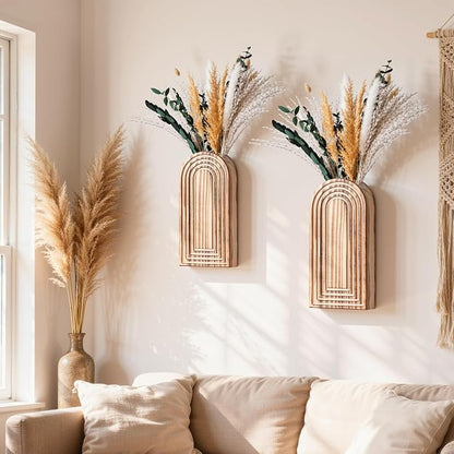 DREAMLOOM 2 Pack Wooden Wall Vases with Dried Pampas Grass and Eucalyptus Plants, Wall Hanging Planters Boho Modern Farmhouse Indoor for Narrow Spaces Entryway Bathroom Home Office Decoration, White